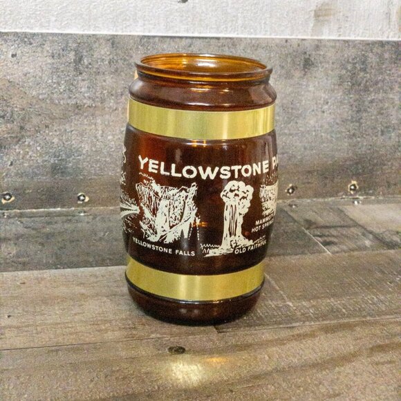 VINTAGE AMBER GLASS MUG SIESTA WARE YELLOWSTONE NATIONAL PARK WOODEN HANDLE - Picture 7 of 7